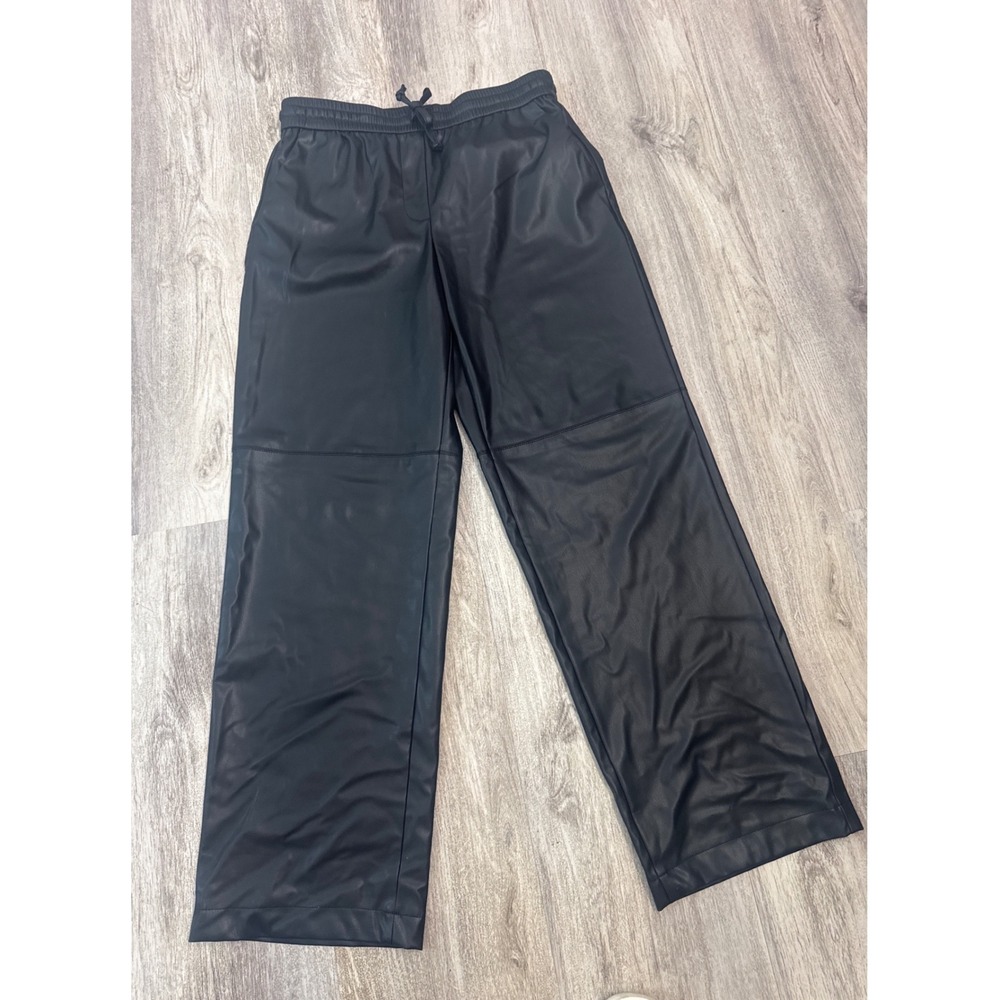 Zara Womens Black Faux Leather Wide Leg Drawstring Pants Size Medium 30 Inseam‎
